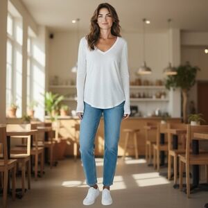 Ralph Lauren Sport White V Neck Long‎ Sleeve Tee Top Cotton Size Small Polo Logo